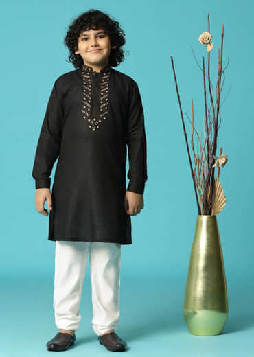 Black Linen Kurta Pant With Resham Work For Boys