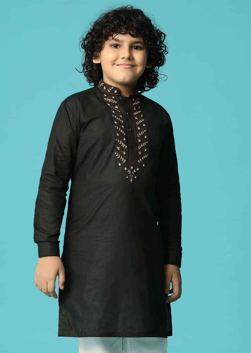 Black Linen Kurta Pant With Resham Work For Boys