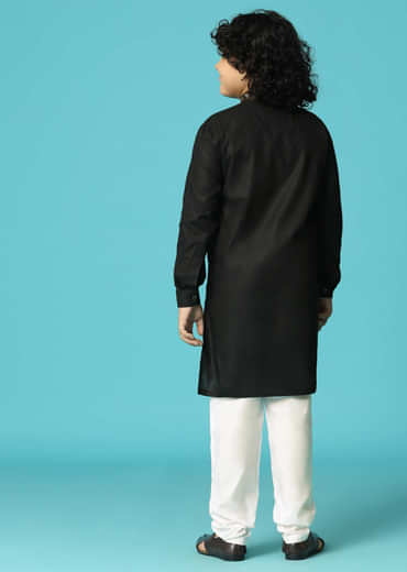 Black Linen Kurta Pant With Resham Work For Boys