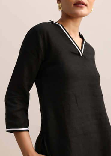 Black Linen Top And Pant With Patch Work