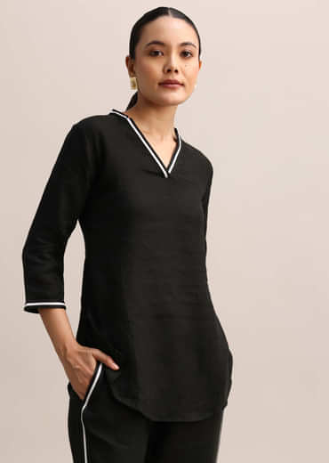 Black Linen Top And Pant With Patch Work