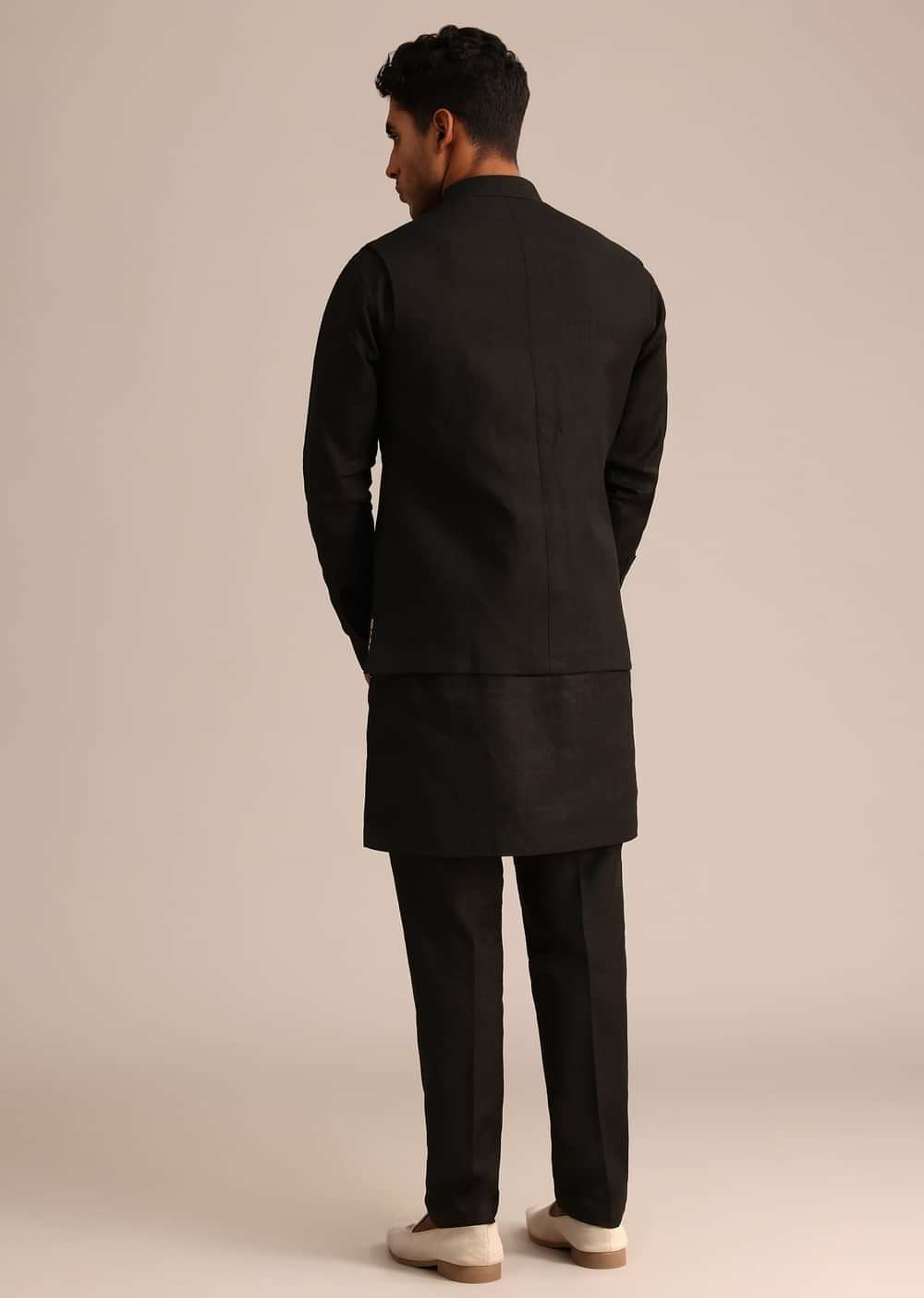 Black Linen Zardosi Embroidered Jacket Kurta Set