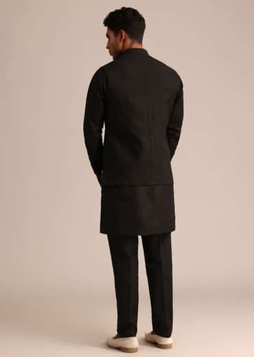 Black Linen Zardosi Embroidered Jacket Kurta Set