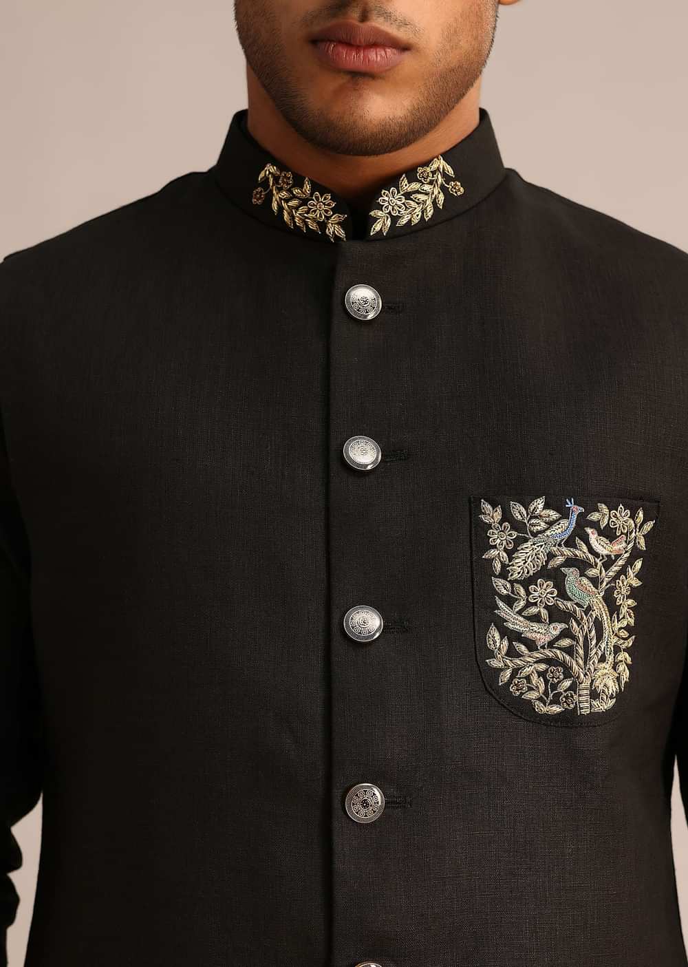 Black Linen Zardosi Embroidered Jacket Kurta Set