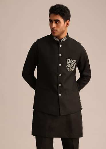 Black Linen Zardosi Embroidered Jacket Kurta Set