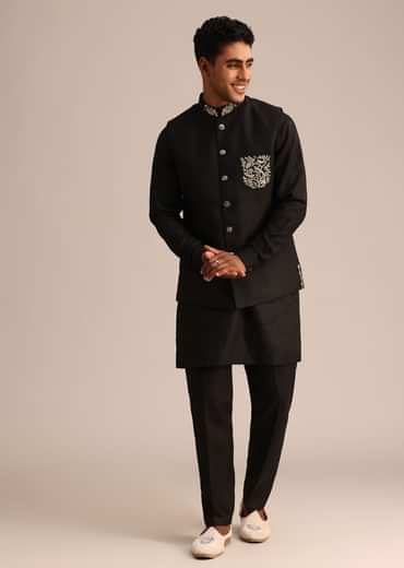 Black Linen Zardosi Embroidered Jacket Kurta Set