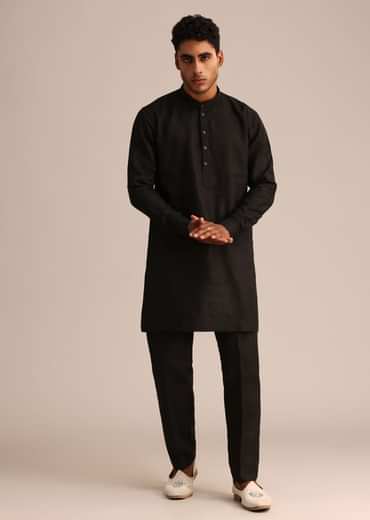 Black Linen Zardosi Embroidered Jacket Kurta Set