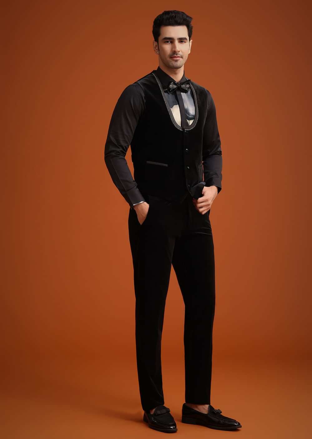 Black Micro Velvet Cutdana Embellished Tuxedo Set