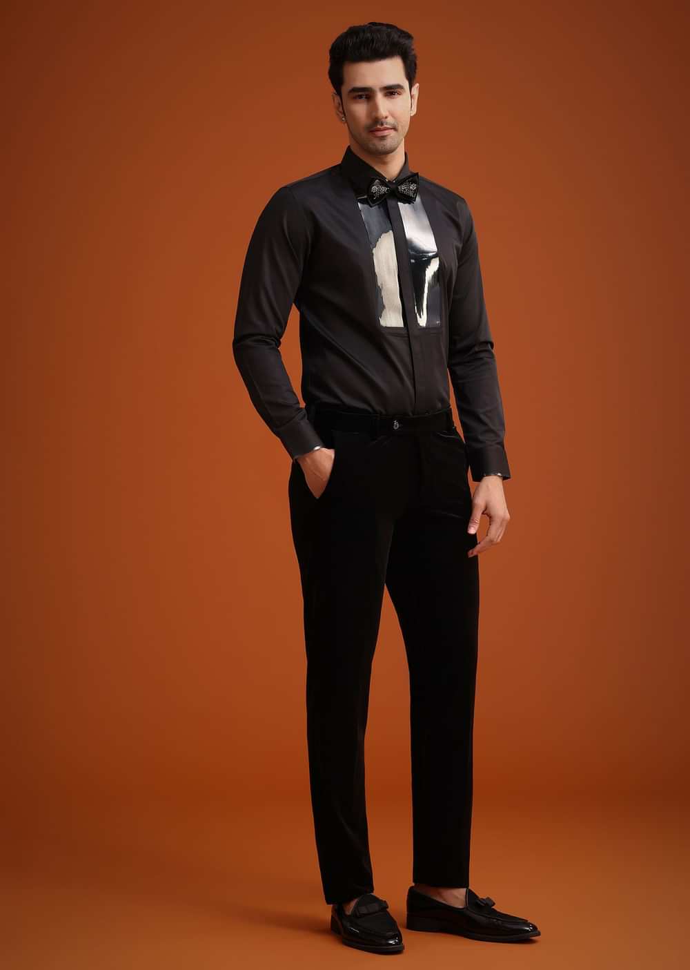 Black Micro Velvet Cutdana Embellished Tuxedo Set