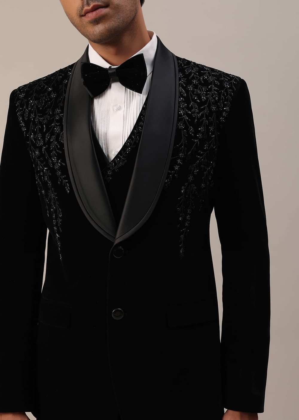 Black Micro Velvet Tuxedo Set With Cut Work Detailing