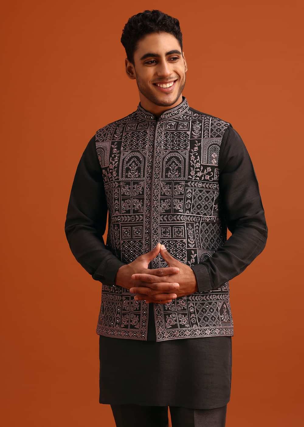 Black Mirror Embellished Jacket And Kurta Set