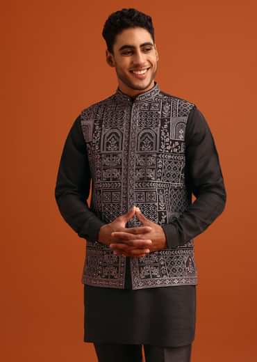 Black Mirror Embellished Jacket And Kurta Set