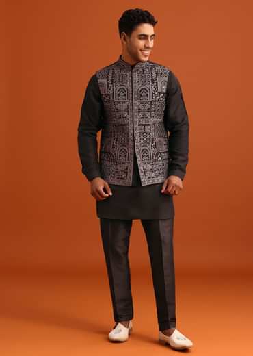 Black Mirror Embellished Jacket And Kurta Set