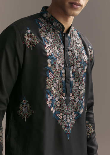 Black Modal Kurta Set For Men With Floral Resham Embroidery