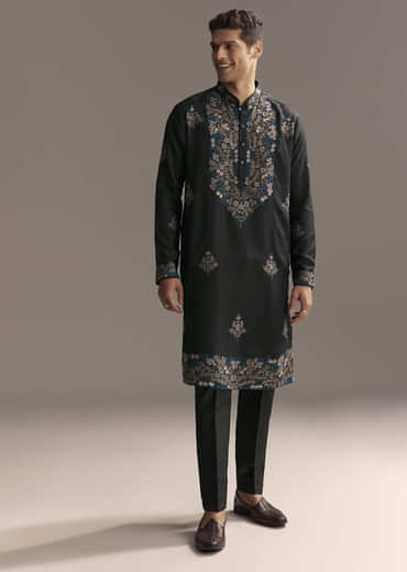 Black Modal Kurta Set For Men With Floral Resham Embroidery