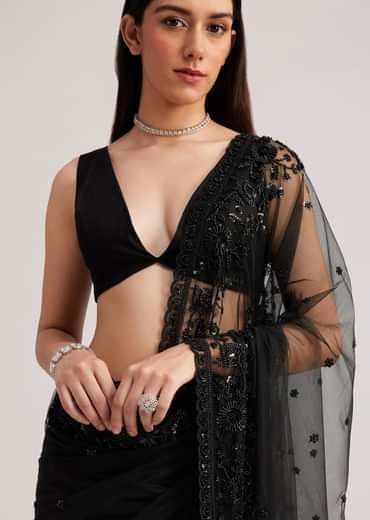 Black Net Heavy Embroidered Saree With Sequins And Stones