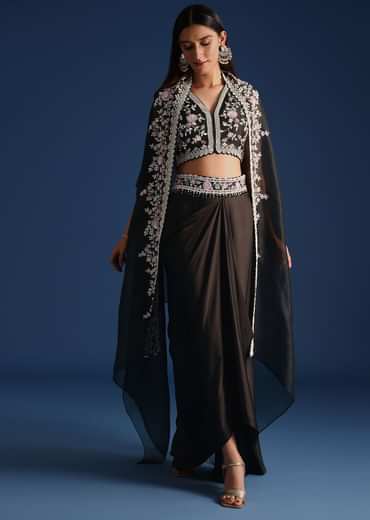 Black Organza Jacket With Embroidered Crop Top And Draped Skirt