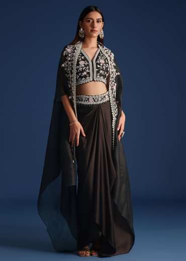 Black Organza Jacket With Embroidered Crop Top And Draped Skirt