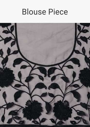Black Net Saree With Floral Threadwork And Unstitched Blouse Piece