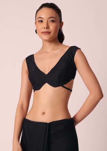 Black Net Saree With Floral Threadwork And Unstitched Blouse Piece