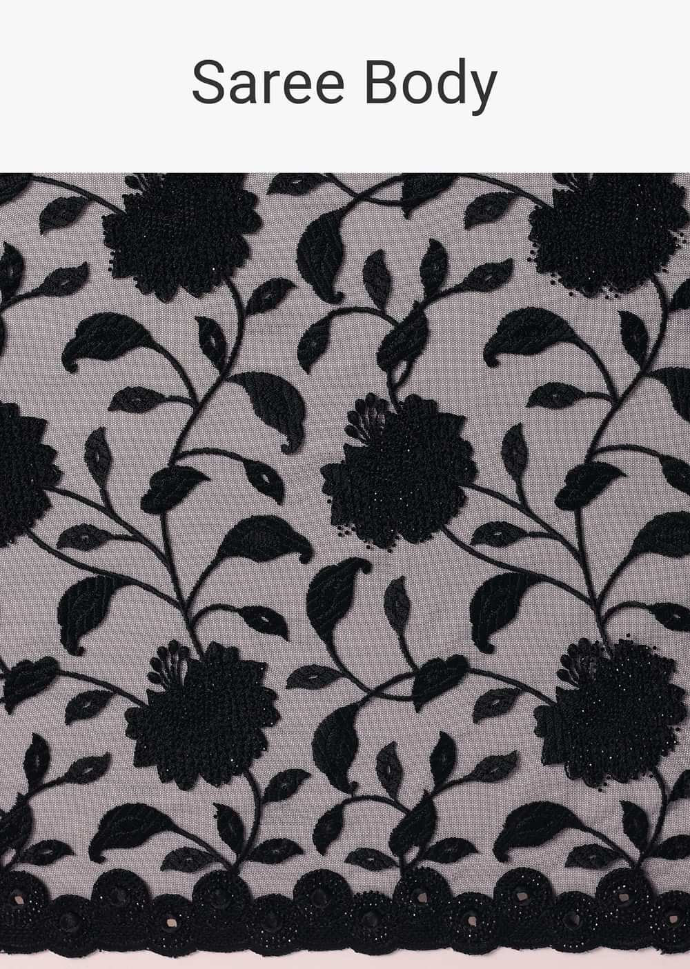Black Net Saree With Floral Threadwork And Unstitched Blouse Piece