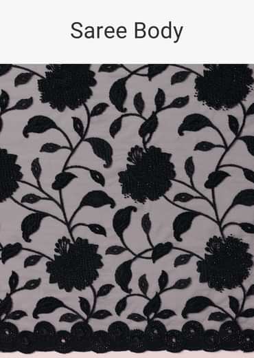 Black Net Saree With Floral Threadwork And Unstitched Blouse Piece