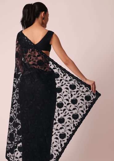 Black Net Saree With Floral Threadwork And Unstitched Blouse Piece