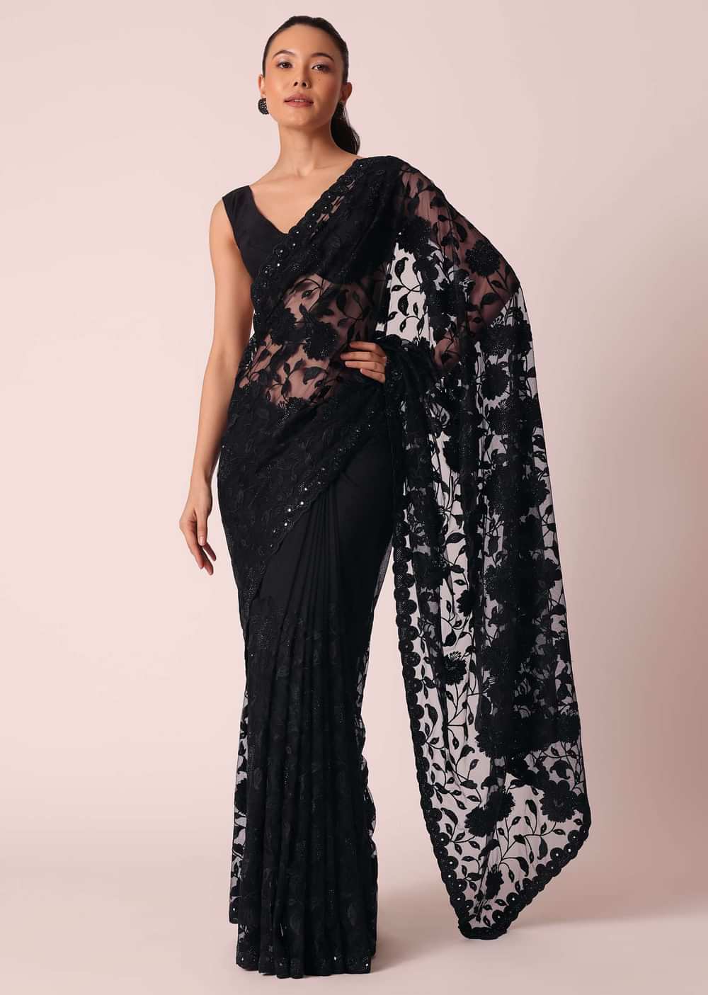 Black Net Saree With Floral Threadwork And Unstitched Blouse Piece