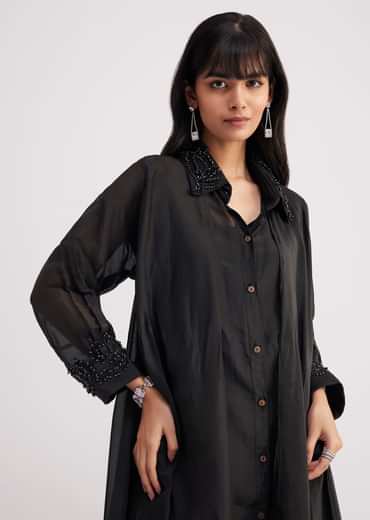 Black Organza Shirt Style Kurta Pant Set