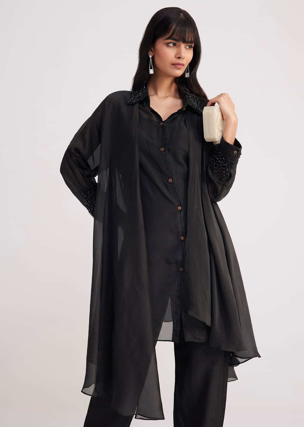 Black Organza Shirt Style Kurta Pant Set