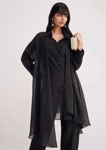 Black Organza Shirt Style Kurta Pant Set