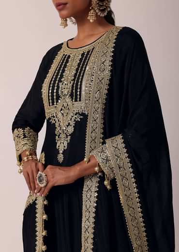 Black Pant Set In Chiffon With Zardozi Work Kurta