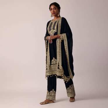Black Pant Set In Chiffon With Zardozi Work Kurta