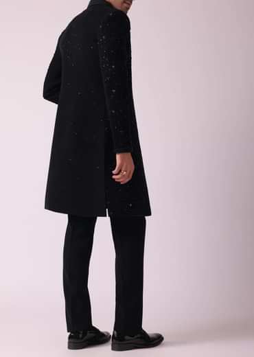 Black Patterned Indowestern Set In Suiting Fabric