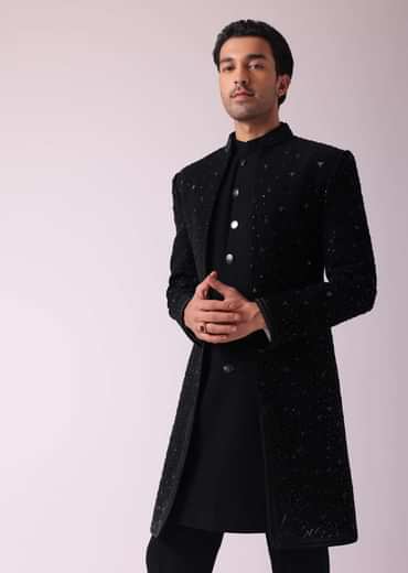 Black Patterned Indowestern Set In Suiting Fabric