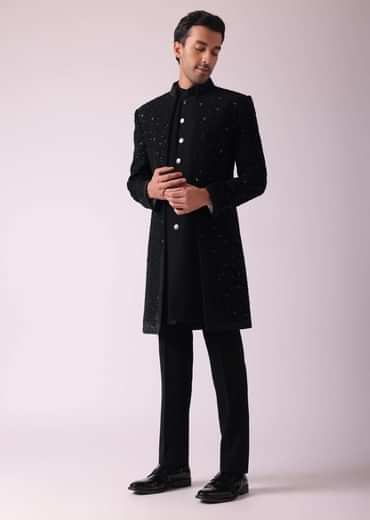 Black Patterned Indowestern Set In Suiting Fabric