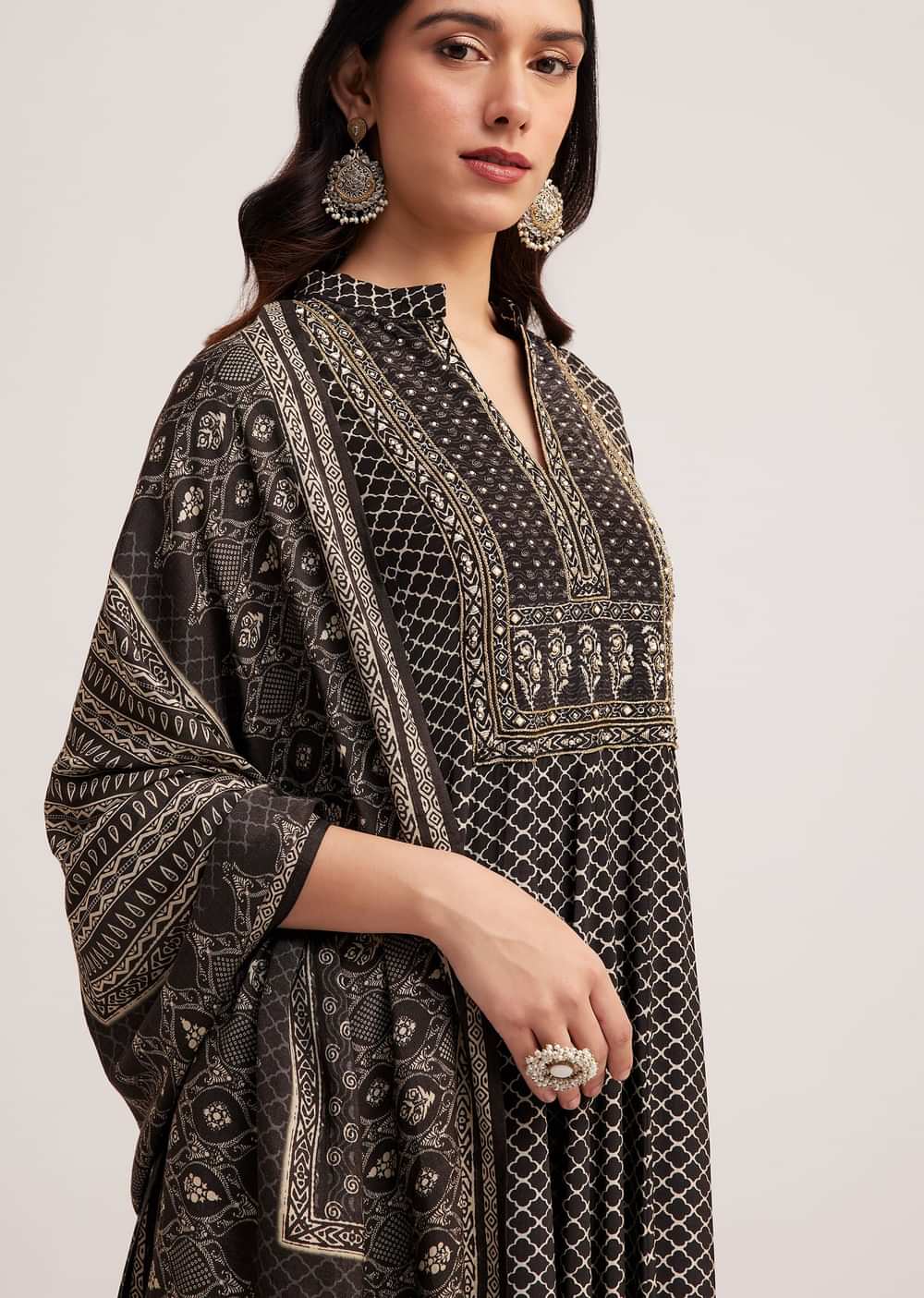Black Printed Anarkali Set With Dupatta