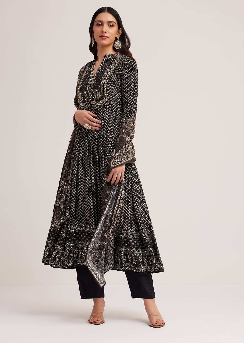 Black Printed Anarkali Set With Dupatta