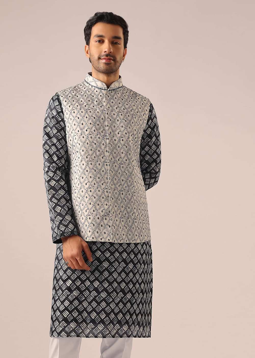 Black Printed Jacket And Kurta Set