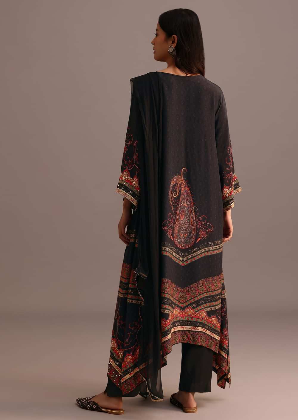 Black Printed Kurti Pant Set With Chiffon Dupatta