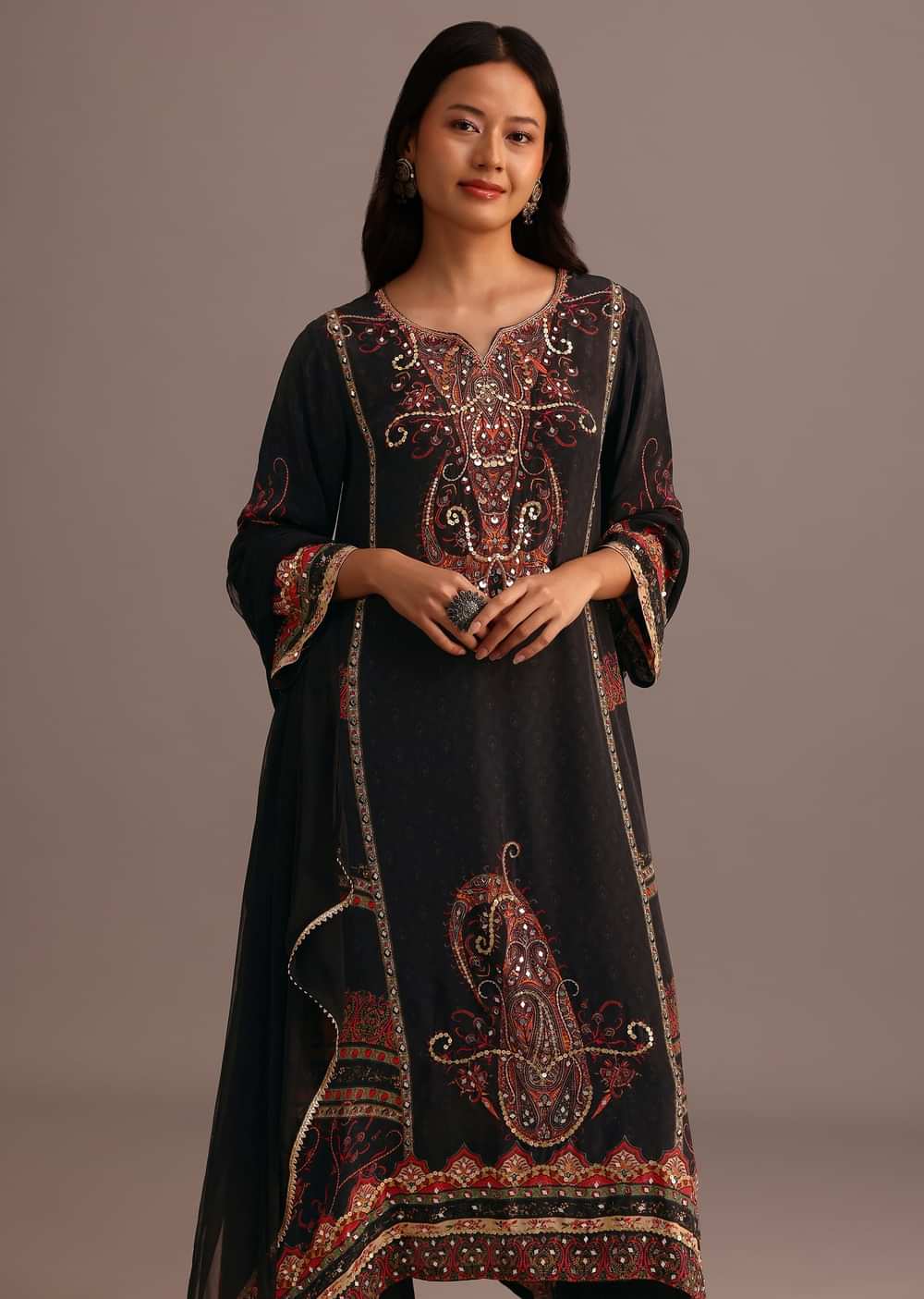 Black Printed Kurti Pant Set With Chiffon Dupatta