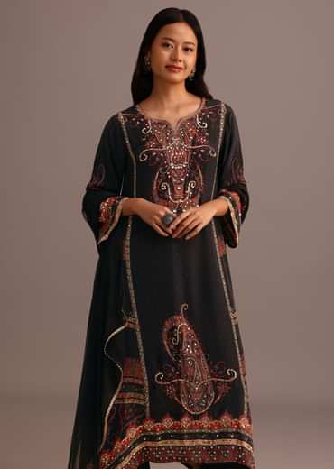 Black Printed Kurti Pant Set With Chiffon Dupatta