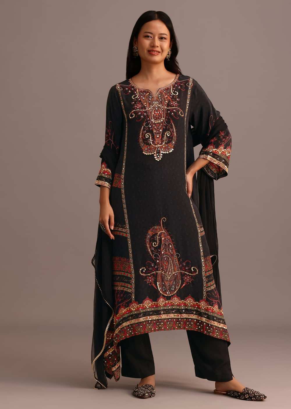 Black Printed Kurti Pant Set With Chiffon Dupatta