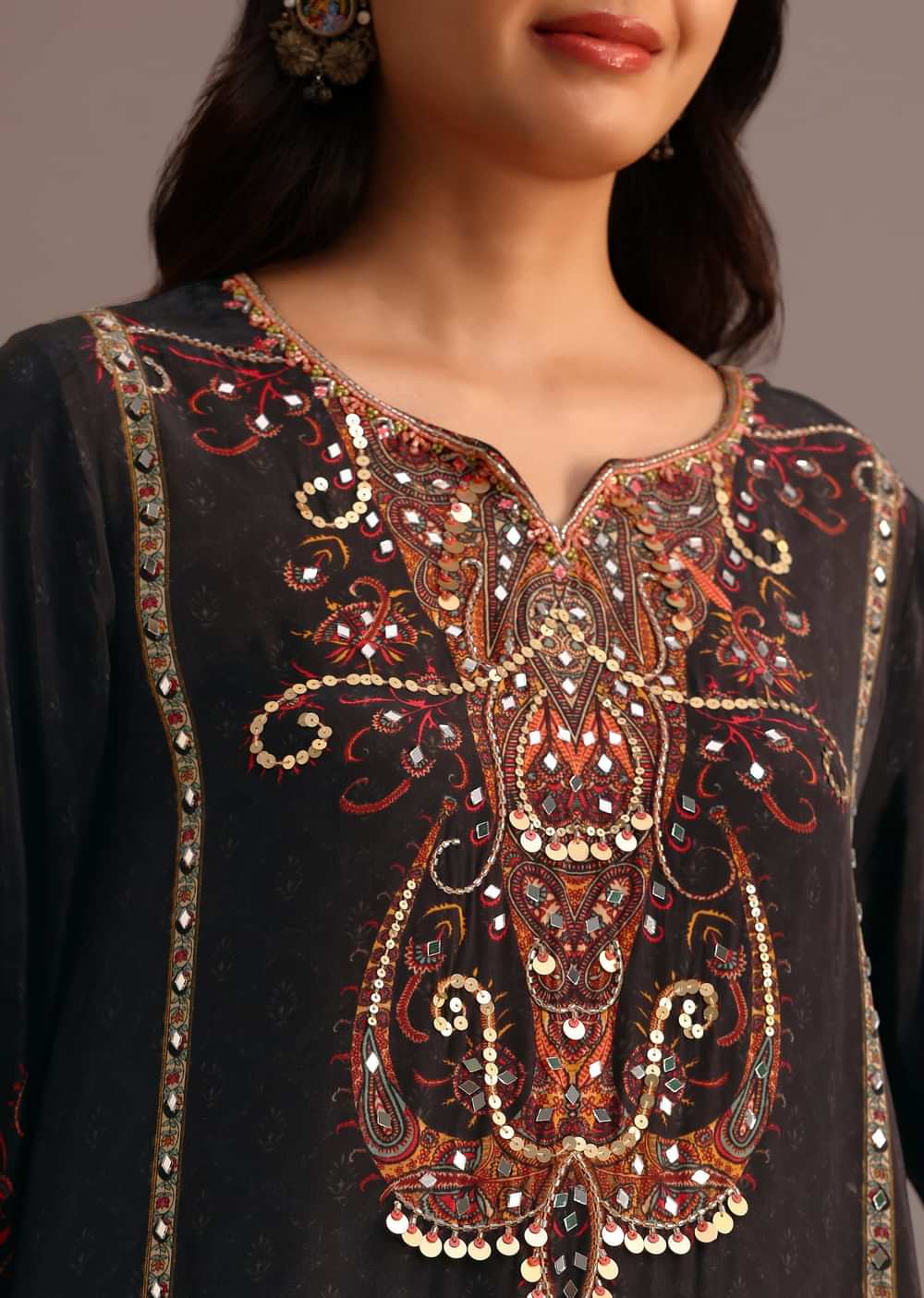 Black Printed Kurti Pant Set With Chiffon Dupatta