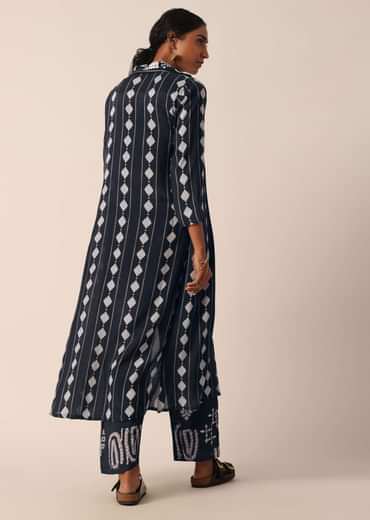 Black Printed Long Jacket And Pant Set In Cotton