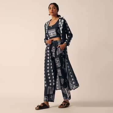 Black Printed Long Jacket And Pant Set In Cotton