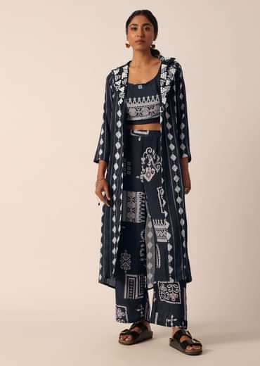 Black Printed Long Jacket And Pant Set In Cotton