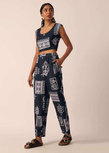 Black Printed Long Jacket And Pant Set In Cotton