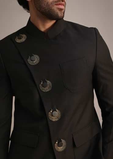 Black Rayon Angrakha Jodhpuri Suit