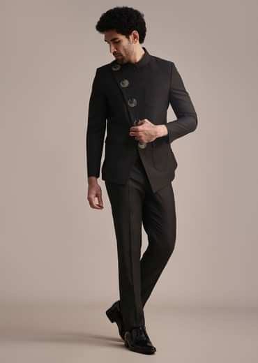 Black Rayon Angrakha Jodhpuri Suit
